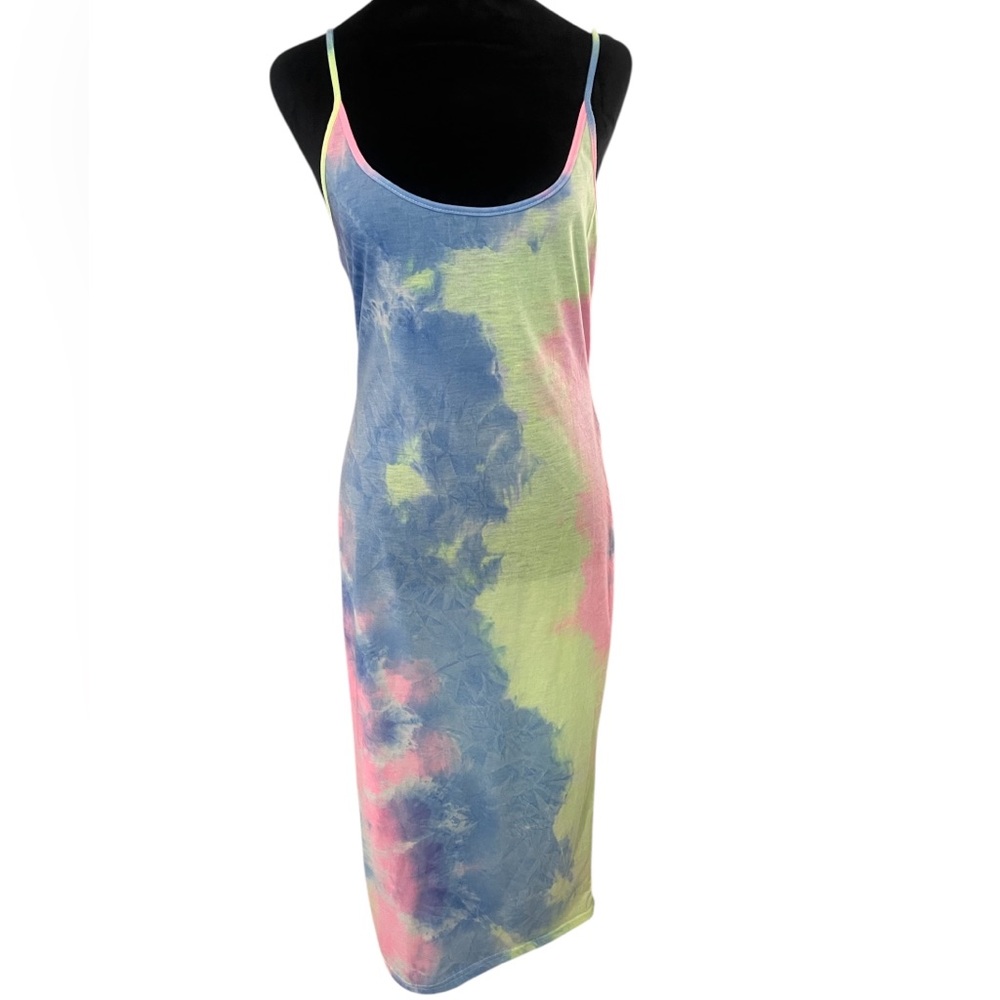 Tie Dye pink, blue, neon yellow, Fitted Dress,Spaghetti straps, Summer, Large - Picture 3 of 9